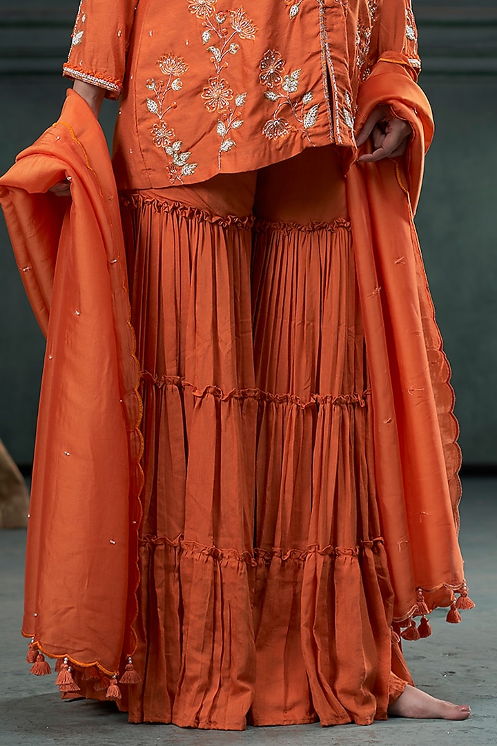 Orange Munga Silk Layered Pleated Party Wear Sharara Set by Hirika & Dhruti Label at Pernia's Pop Up Shop