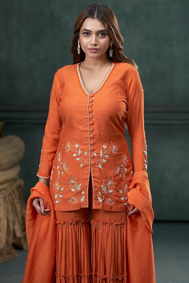 Orange Munga Silk Layered Pleated Party Wear Sharara Set by Hirika & Dhruti Label at Pernia's Pop Up Shop