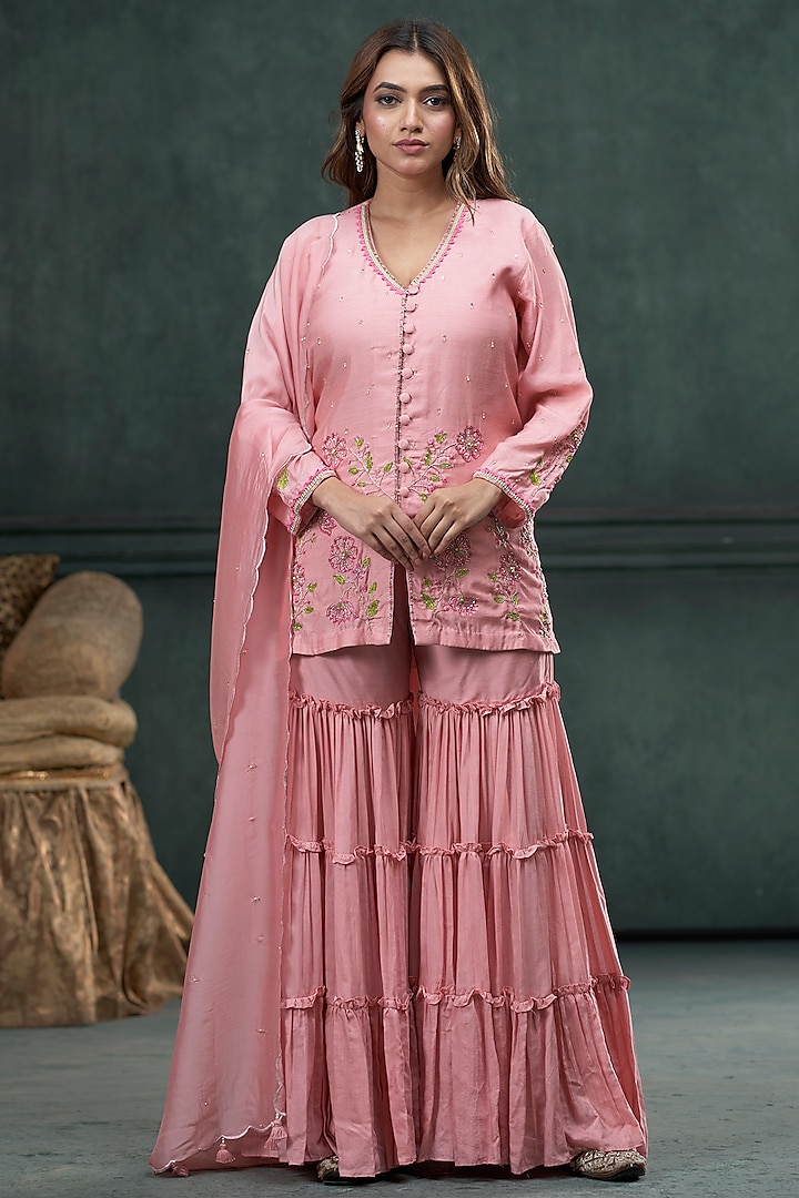 Baby Pink Munga Silk Layered Pleated Sharara Set by Hirika & Dhruti Label at Pernia's Pop Up Shop