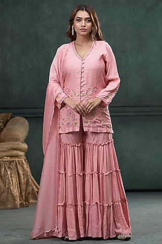Baby Pink Munga Silk Layered Pleated Sharara Set by Hirika & Dhruti Label