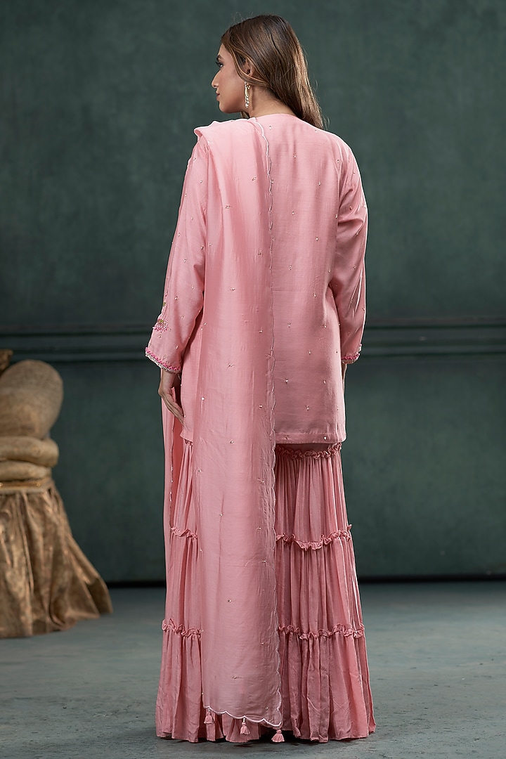 Baby Pink Munga Silk Layered Pleated Party Wear Sharara Set by Hirika & Dhruti Label at Pernia's Pop Up Shop