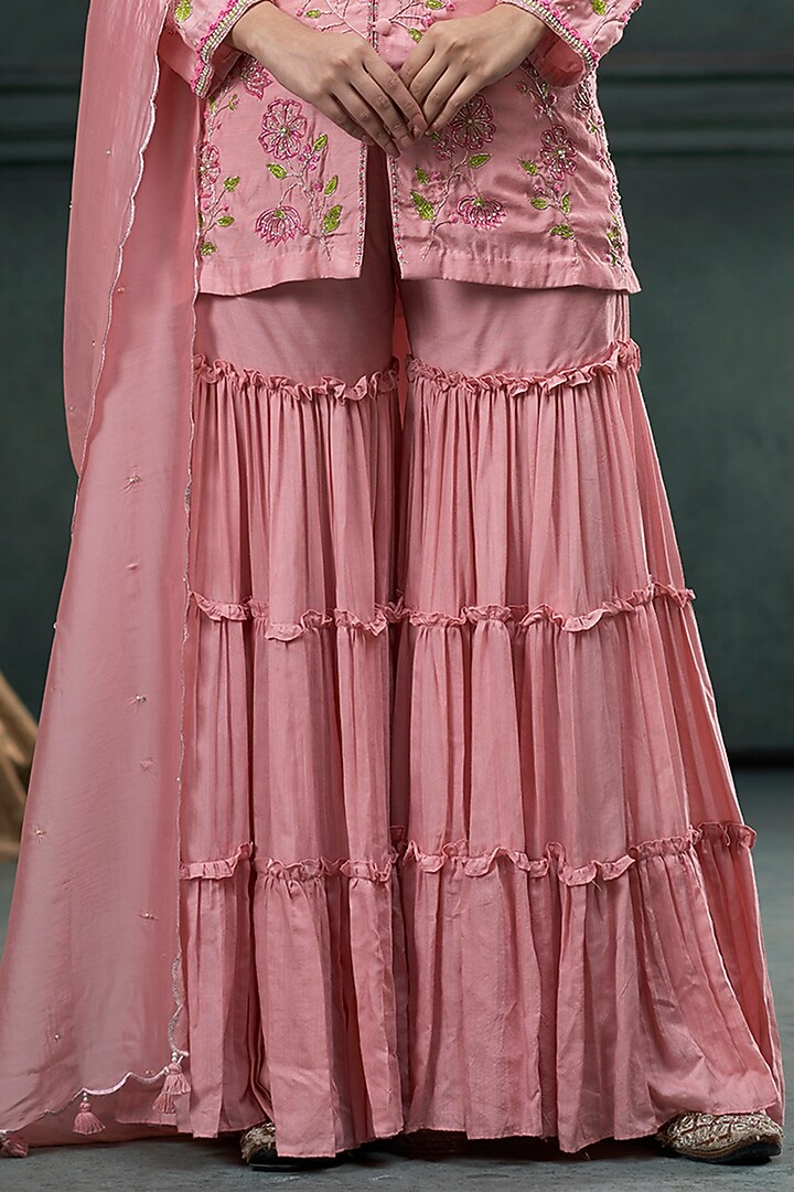 Baby Pink Munga Silk Layered Pleated Party Wear Sharara Set by Hirika & Dhruti Label at Pernia's Pop Up Shop