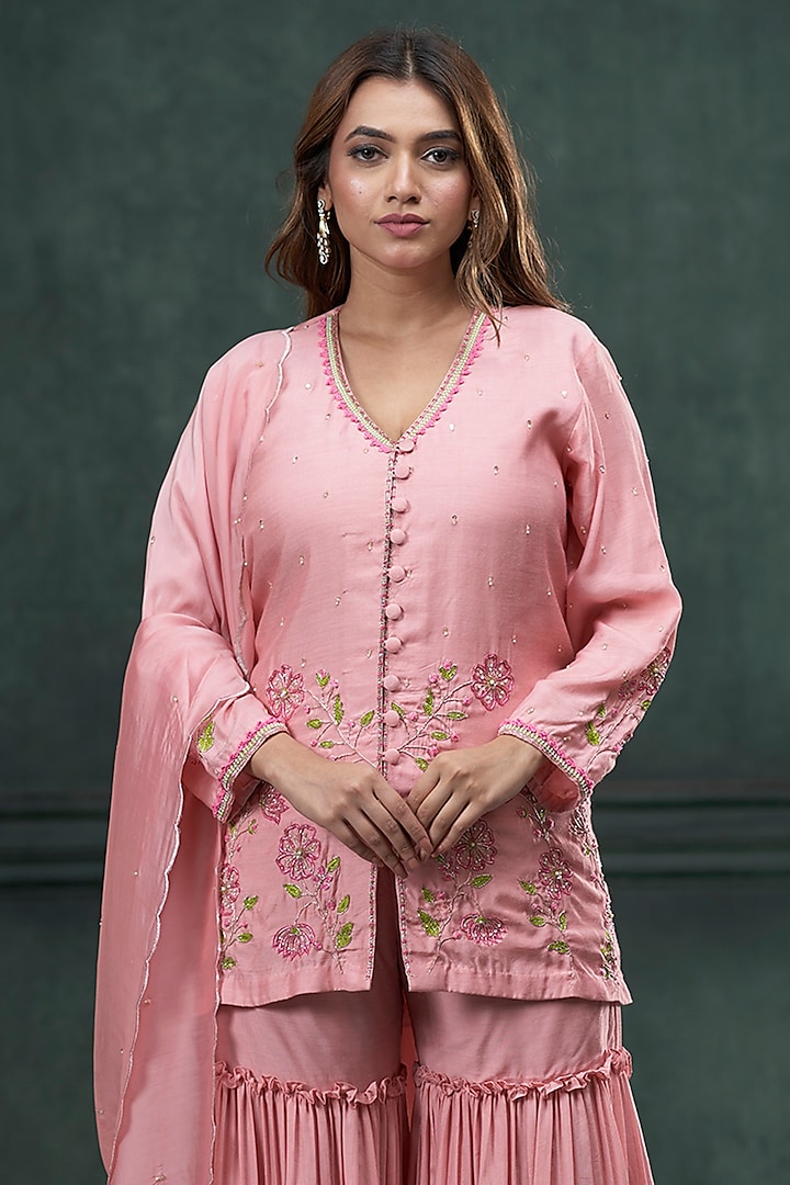 Baby Pink Munga Silk Layered Pleated Party Wear Sharara Set by Hirika & Dhruti Label at Pernia's Pop Up Shop
