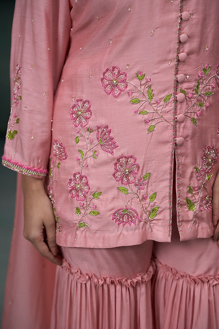 Baby Pink Munga Silk Layered Pleated Party Wear Sharara Set by Hirika & Dhruti Label at Pernia's Pop Up Shop