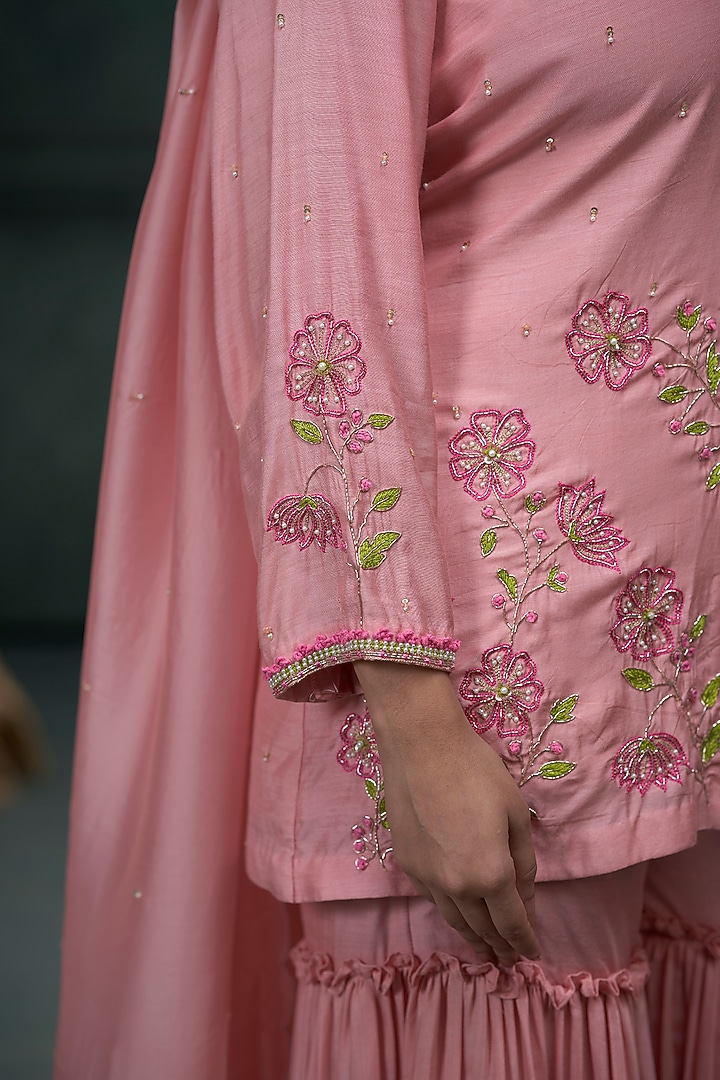 Baby Pink Munga Silk Layered Pleated Party Wear Sharara Set by Hirika & Dhruti Label at Pernia's Pop Up Shop