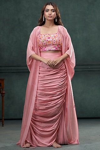 Baby Pink Munga Silk Draped Skirt Set by Hirika & Dhruti Label