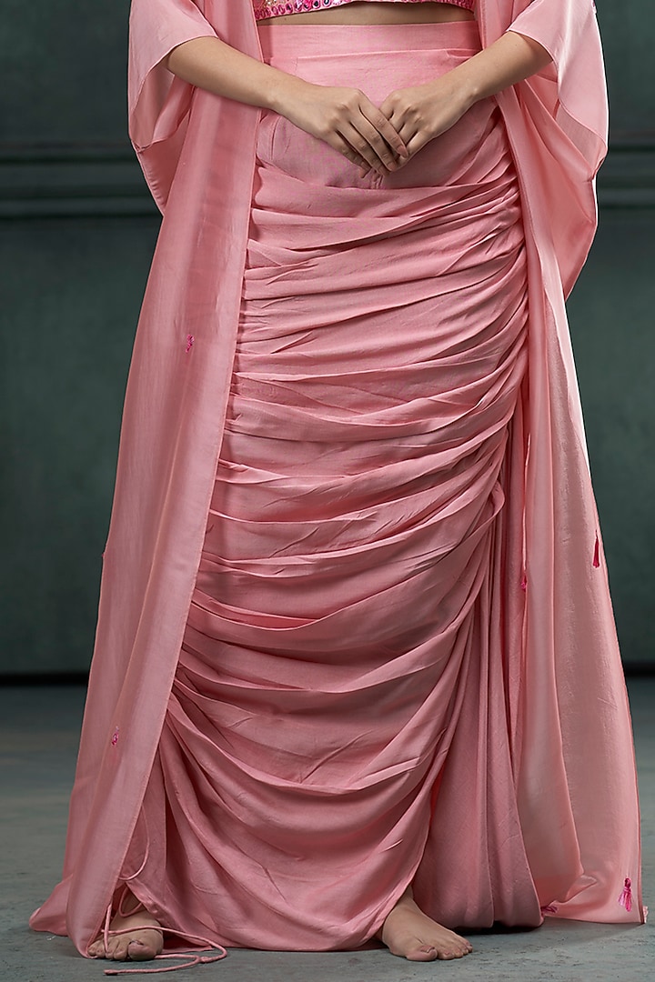 Baby Pink Munga Silk Draped Skirt Set by Hirika & Dhruti Label at Pernia's Pop Up Shop