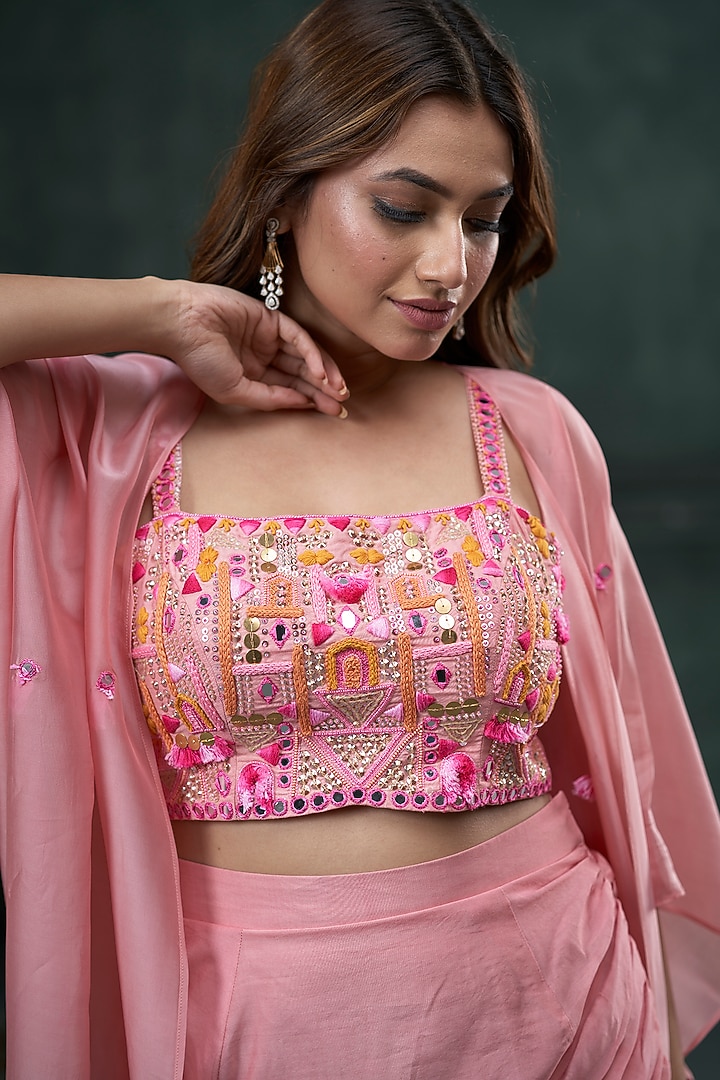 Baby Pink Munga Silk Draped Skirt Set by Hirika & Dhruti Label at Pernia's Pop Up Shop