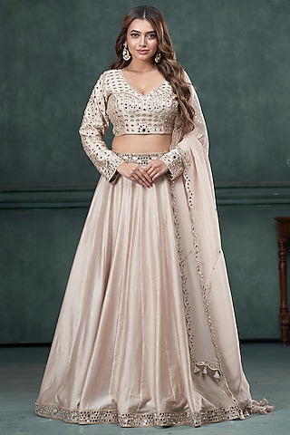 Beige Chiniya Silk Mirror Work Kalidar Lehenga Set by Hirika & Dhruti Label