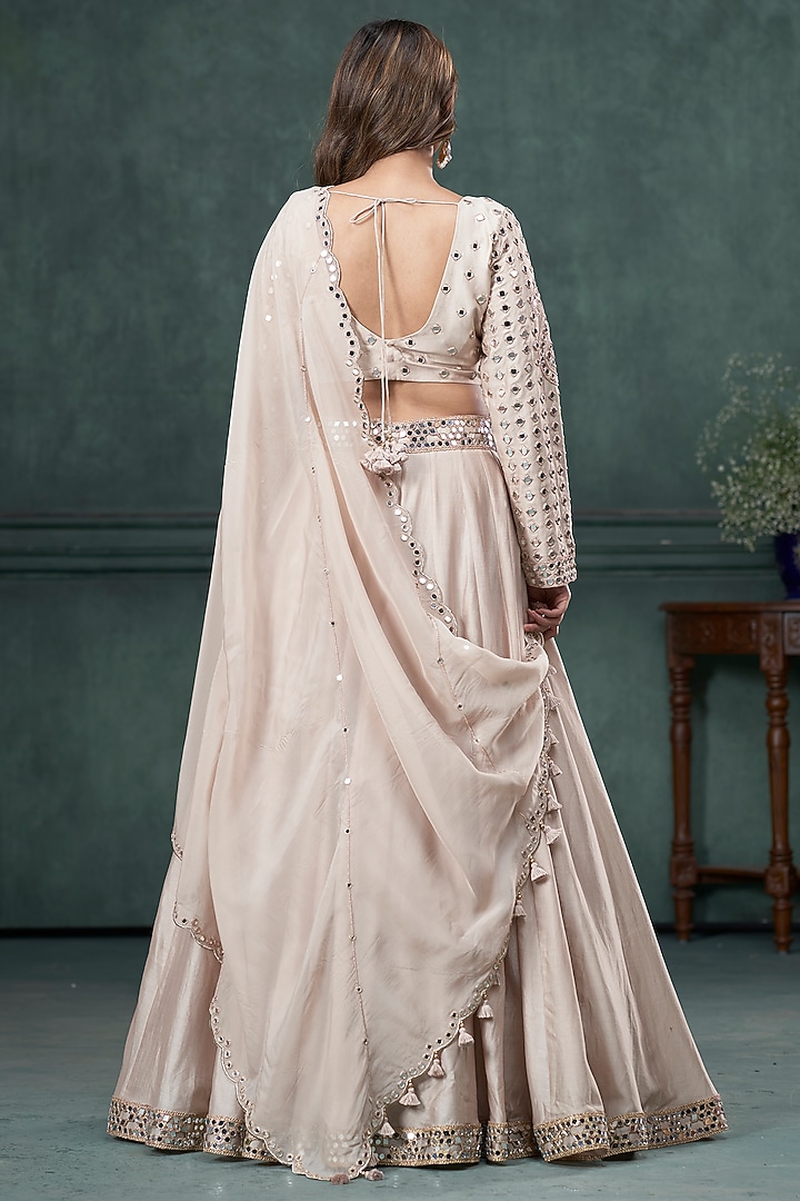 Beige Chiniya Silk Mirror Work Kalidar Wedding Lehenga Set by Hirika & Dhruti Label at Pernia's Pop Up Shop