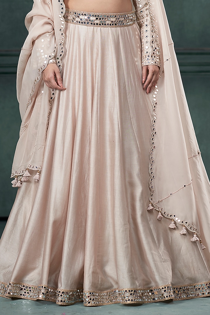 Beige Chiniya Silk Mirror Work Kalidar Wedding Lehenga Set by Hirika & Dhruti Label at Pernia's Pop Up Shop