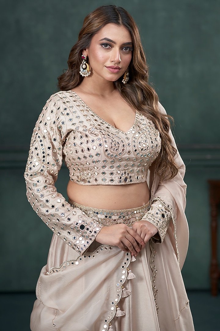 Beige Chiniya Silk Mirror Work Kalidar Wedding Lehenga Set by Hirika & Dhruti Label at Pernia's Pop Up Shop