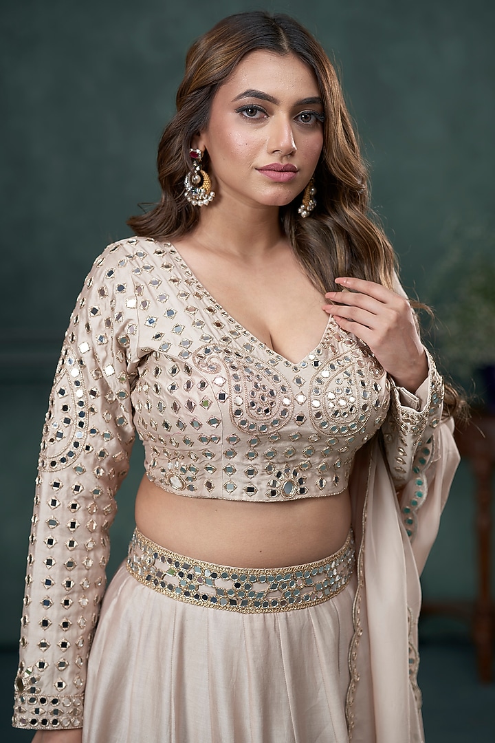 Beige Chiniya Silk Mirror Work Kalidar Wedding Lehenga Set by Hirika & Dhruti Label at Pernia's Pop Up Shop