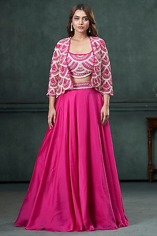 Rani Pink Organza Silk Embroidered Lehenga Set by Hirika & Dhruti Label