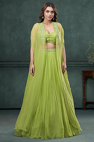Green Organza Silk Embroidered Jacket Lehenga Set by Hirika & Dhruti Label