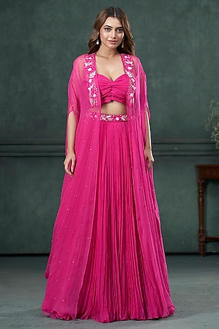 Rani Pink Organza Silk Embroidered Jacket Lehenga Set by Hirika & Dhruti Label