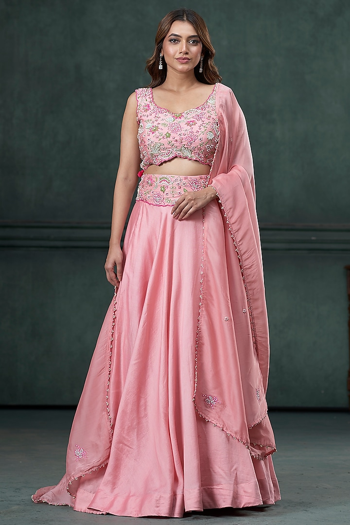 Baby Pink Silk Chanderi Embroidered Wedding Lehenga Set by Hirika & Dhruti Label at Pernia's Pop Up Shop