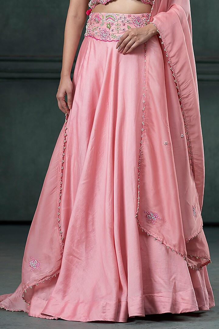 Baby Pink Silk Chanderi Embroidered Wedding Lehenga Set by Hirika & Dhruti Label at Pernia's Pop Up Shop