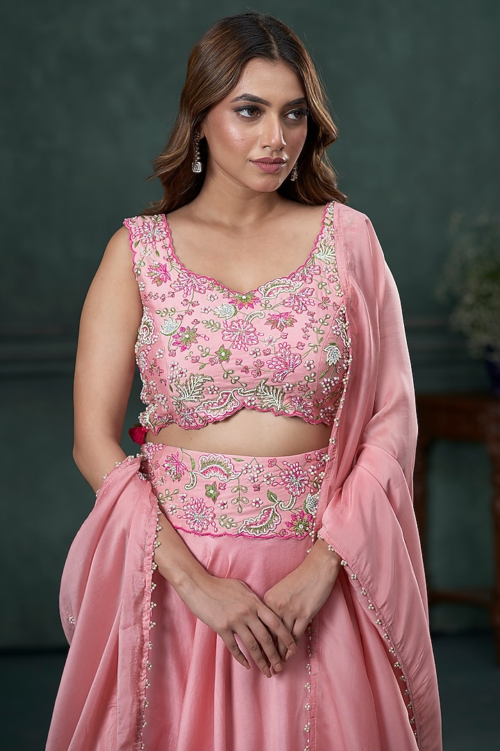 Baby Pink Silk Chanderi Embroidered Wedding Lehenga Set by Hirika & Dhruti Label at Pernia's Pop Up Shop
