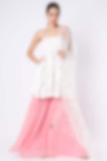 Off White & Pink Georgette Wedding Sharara Set by House of Hiya at Pernia's Pop Up Shop