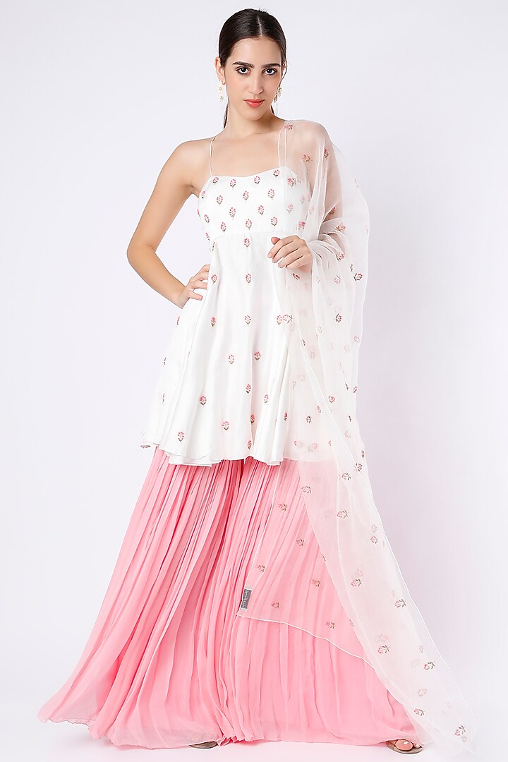 Off White & Pink Georgette Wedding Sharara Set by House of Hiya at Pernia's Pop Up Shop