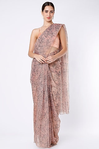 Mauve Organza Floral Printed Saree Set by House of Hiya
