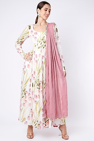 White Printed Kalidar Anarkali Set by House of Hiya