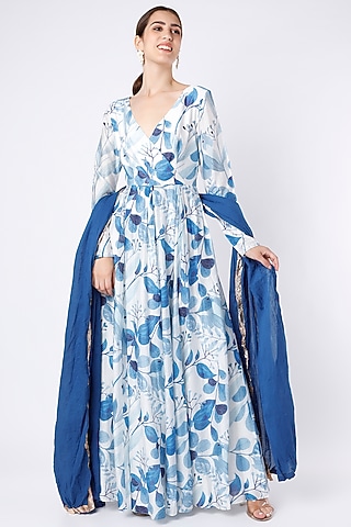 White & Blue Printed Kalidar Set by House of Hiya