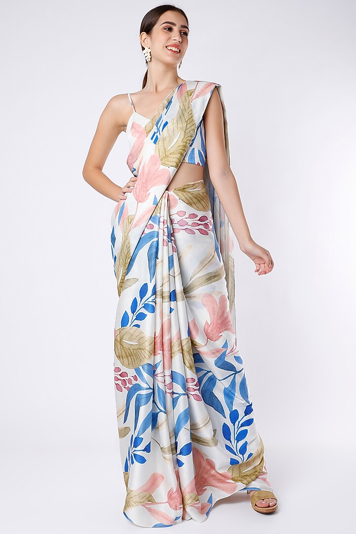 White Modal Satin Festive Saree Set by House of Hiya at Pernia's Pop Up Shop