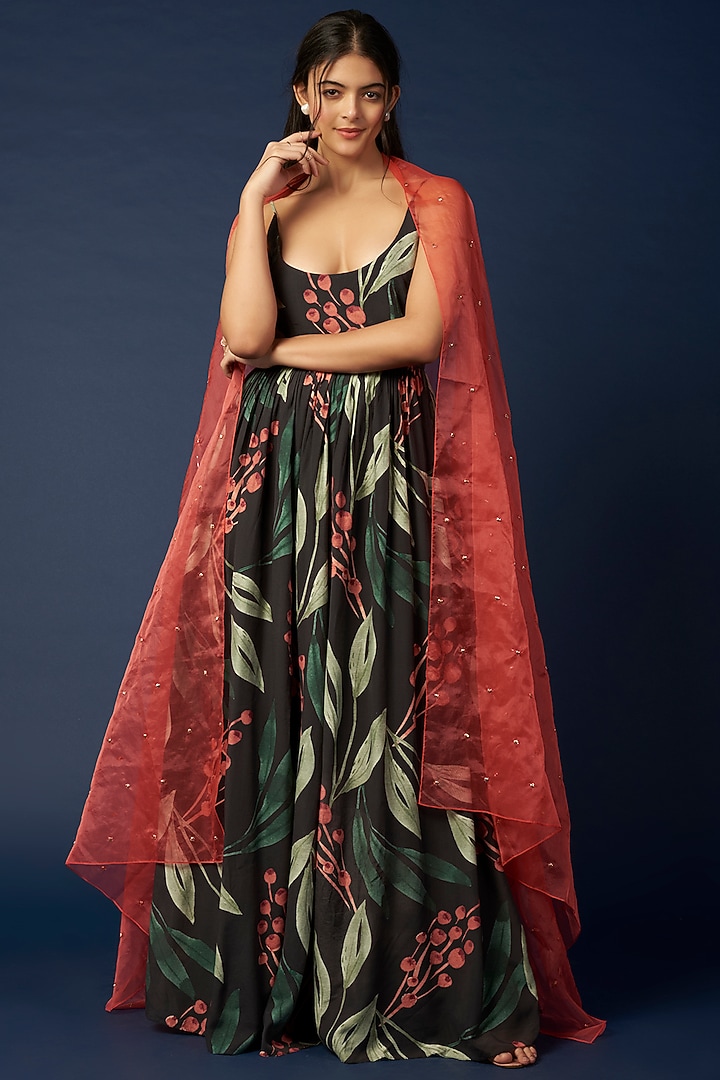 Black Printed Party Wear Anarkali Set by House of Hiya at Pernia's Pop Up Shop