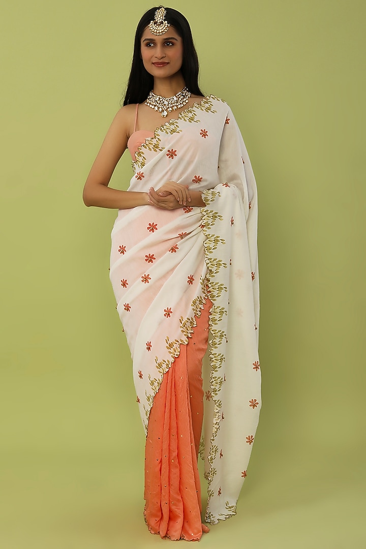 Peach & White Embroidered Party Wear Saree Set by House of Hiya at Pernia's Pop Up Shop
