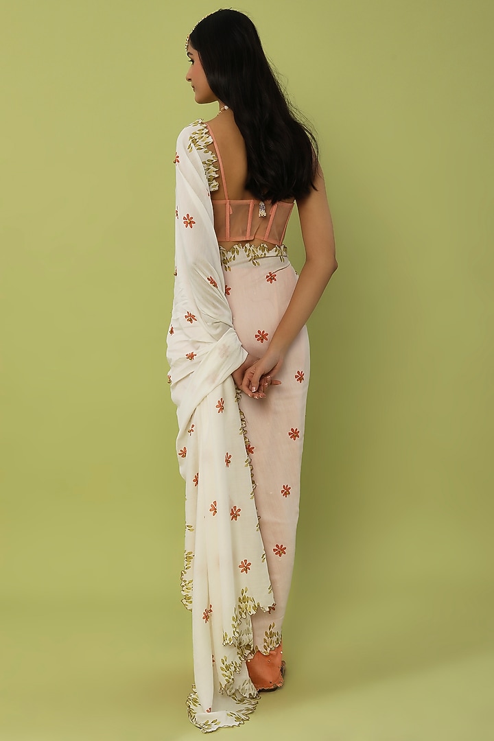 Peach & White Embroidered Party Wear Saree Set by House of Hiya at Pernia's Pop Up Shop