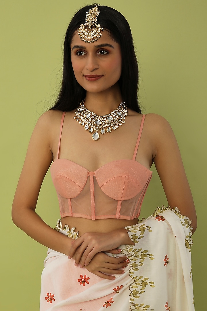Peach & White Embroidered Party Wear Saree Set by House of Hiya at Pernia's Pop Up Shop