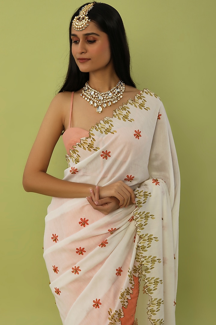 Peach & White Embroidered Party Wear Saree Set by House of Hiya at Pernia's Pop Up Shop