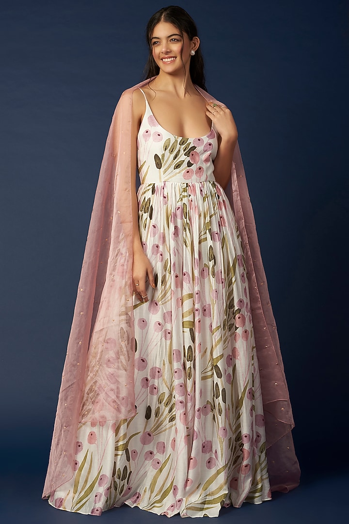 White Floral Printed Party Wear Anarkali Set by House of Hiya at Pernia's Pop Up Shop