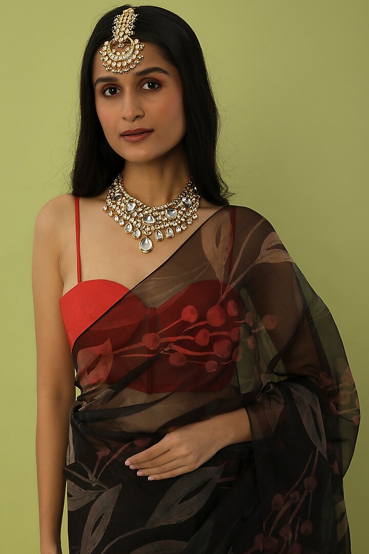 Black Floral Printed Party Wear Saree Set by House of Hiya at Pernia's Pop Up Shop