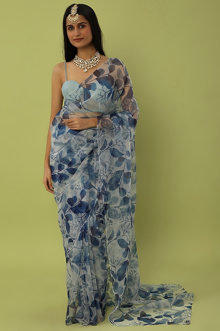White Organza Printed Party Wear Saree Set by House of Hiya at Pernia's Pop Up Shop
