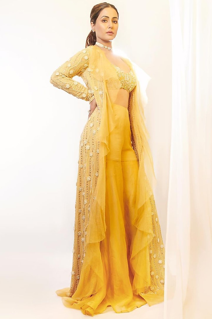 Yellow Pearl Embroidered Sharara Set by Ridhima Bhasin