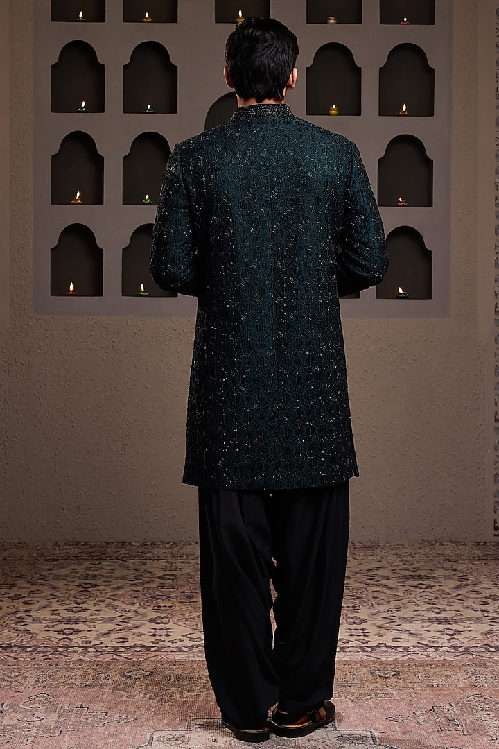 Bottle Green Raw Silk Resham Embroidered Achkan Set by NITIKA GUJRAL MEN at Pernia's Pop Up Shop