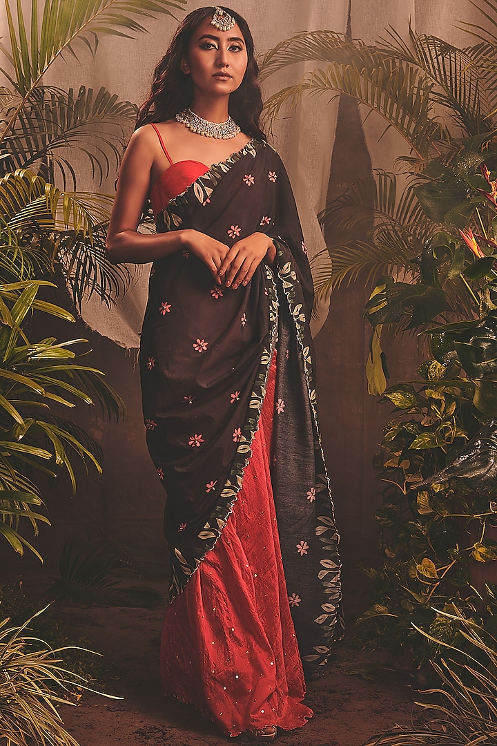 Red & Black Embroidered Saree Set by House of Hiya