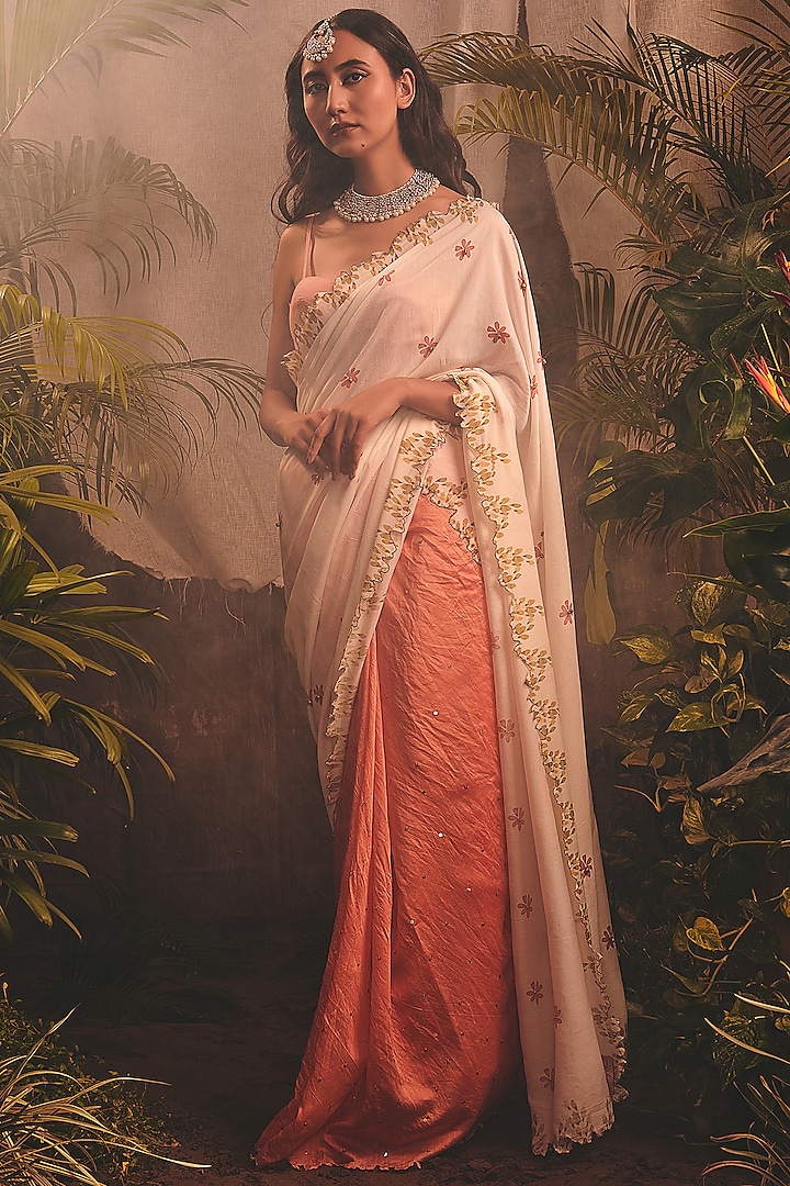 Peach & White Embroidered Saree Set by House of Hiya