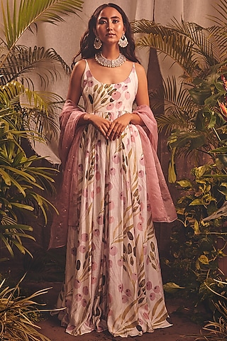 White Floral Printed Anarkali Set by House of Hiya