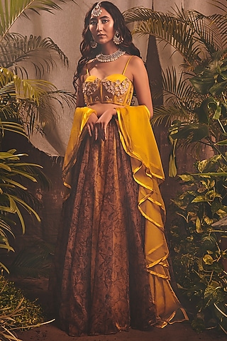 Yellow Printed Lehenga Set by House of Hiya