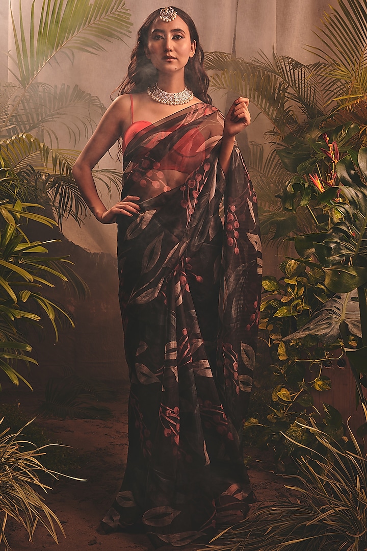 Black Floral Printed Saree Set by House of Hiya