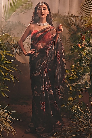 Black Floral Printed Saree Set by House of Hiya