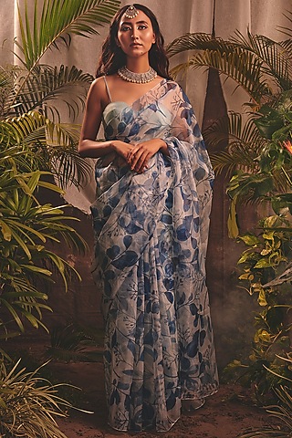 White Organza Printed Saree Set by House of Hiya