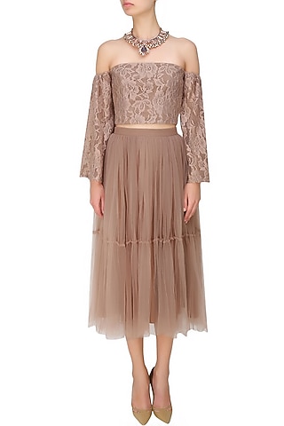 Beige tutu tulle lace skirt by Hema Kaul
