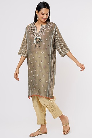 Brown Silk Organza Embroidered Kurta Set by HEIRLOOM by Rara Avis