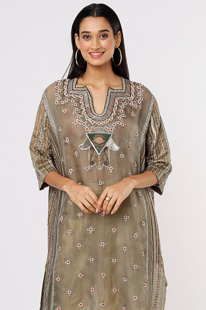 Brown Silk Organza Embroidered Kurta Set by HEIRLOOM by Rara Avis at Pernia's Pop Up Shop