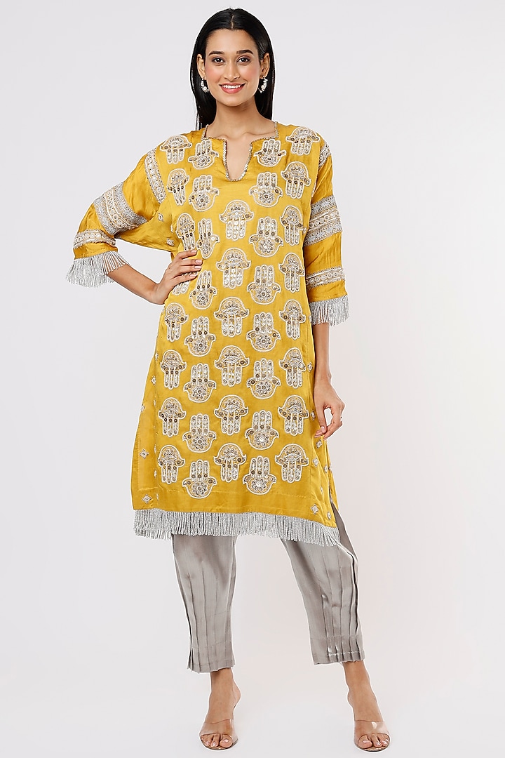 Yellow Linen Satin Hand Embroidered Kurta Set by HEIRLOOM by Rara Avis